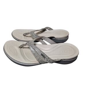 Crocs Women's 10 Capri V Sequined Flip Flops Taupe Slip Ons